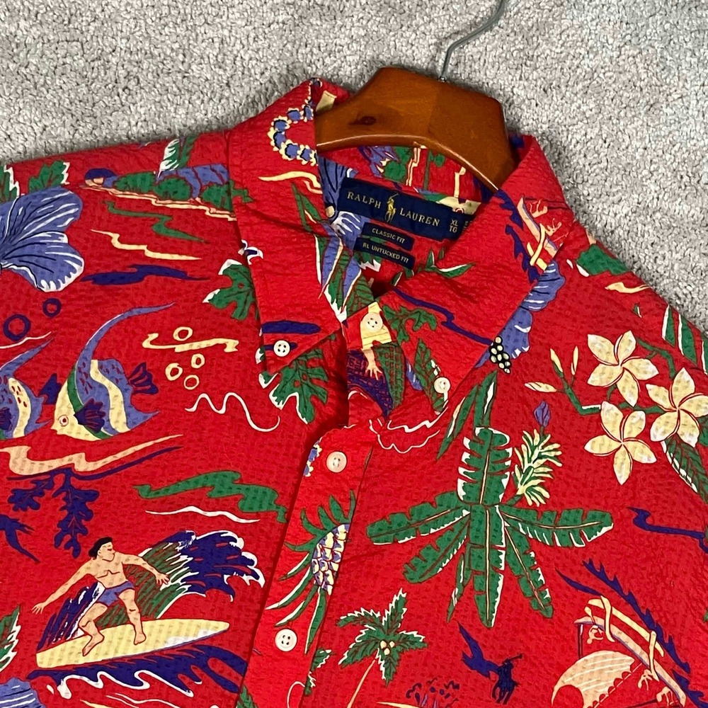 Ralph Lauren Shirt Mens XL Red Hawaiian Seersucker Surfer Tropical Aloha Cotton